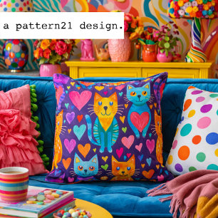 Bold color kittens and hearts purple pattern cushion