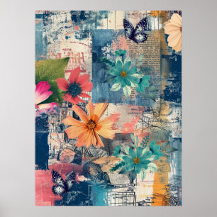 Bold Colorful Boho Floral Butterfly Abstract Art Poster