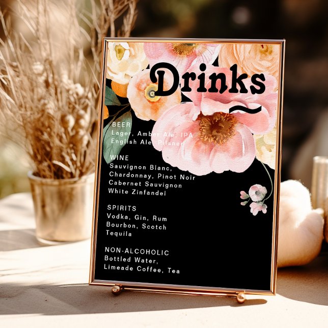 Bold Colorful Floral | Black Wedding Drinks Menu Poster (Creator Uploaded)