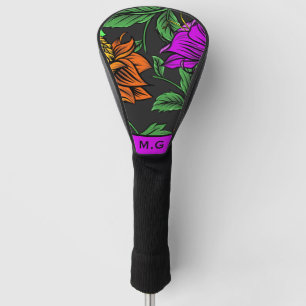 Bold Colorful Flowers on Dark Grey Personalised Golf Head Cover