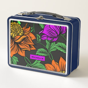 Bold Colorful Flowers on Dark Grey Personalised Metal Lunch Box