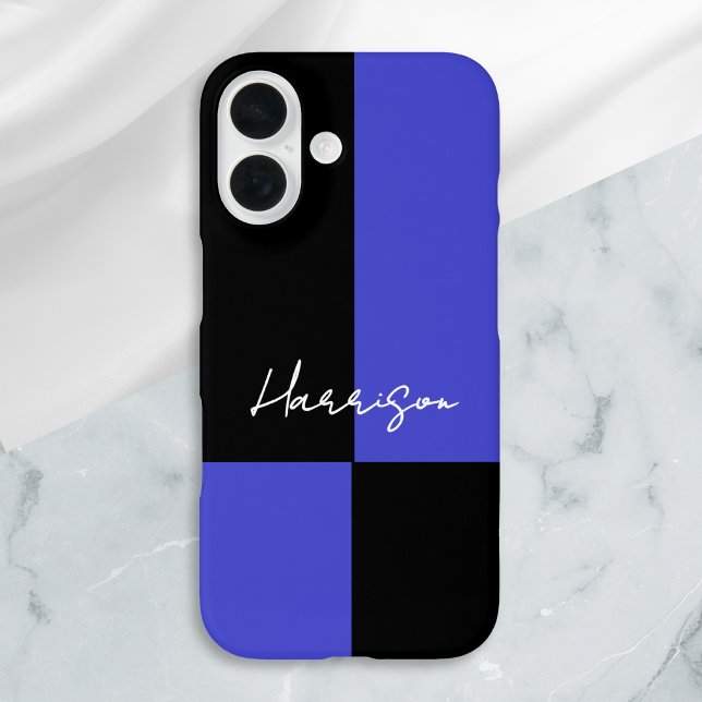 Bold Colour Block Blue and Black Personalised iPhone 16 Case (A phone case with color block design in vibrant blue and sleek black, with personalized script name)