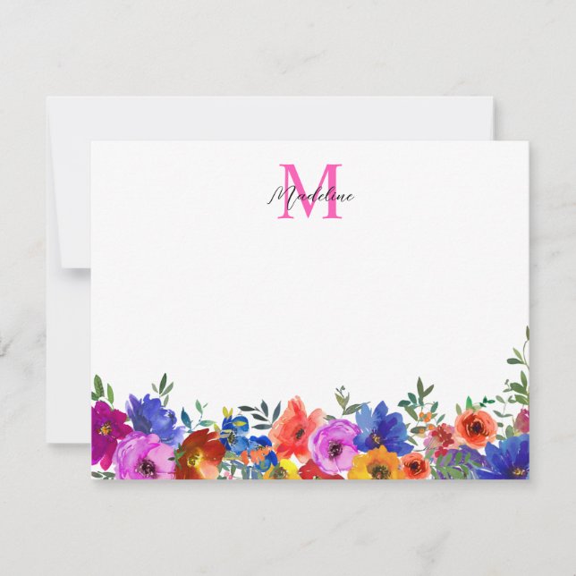 Bold Colour Magenta Pink Floral Monogram Script Card (Front)