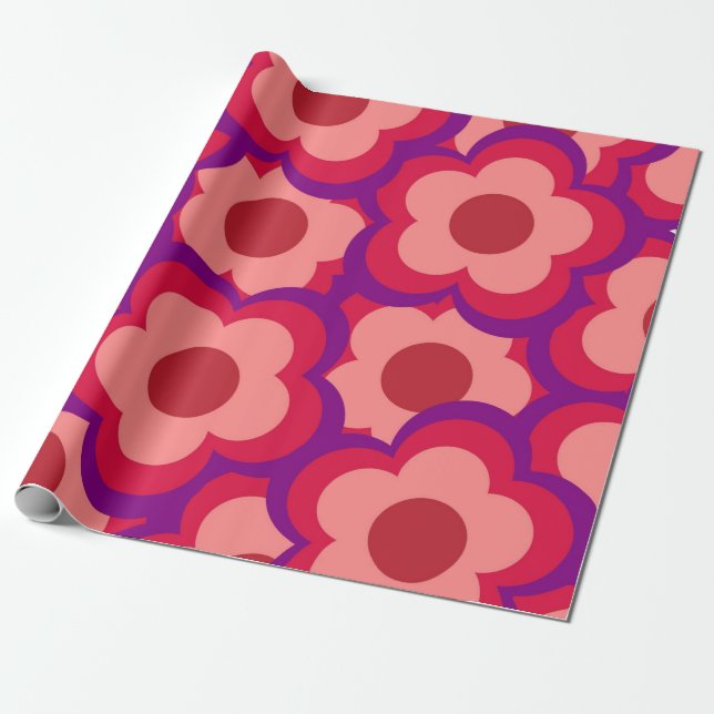 Bold Colour Retro Hippie Flower Pattern Wrapping Paper (Unrolled)