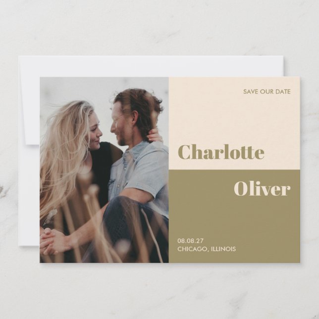 Bold colour typographic editorial modern one photo save the date (Front)