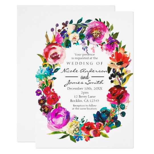 Bold Colour Watercolor Floral Wreath Wedding Card