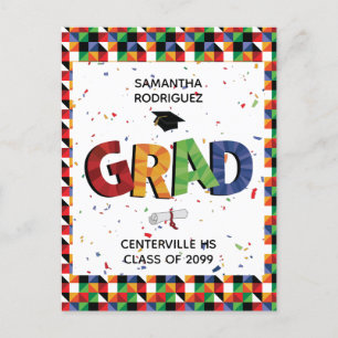 Bold Coloured Pattern Grad Party Invite Postcard