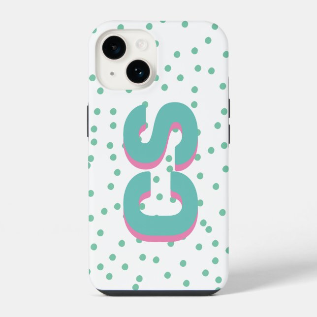 Bold Colourful Big Initials Shadow Text Spot Green iPhone Case (Back)