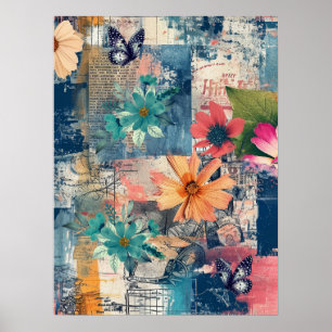 Bold Colourful Boho Floral Butterfly Abstract Art  Poster