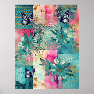 Bold Colourful Boho Floral Butterfly Abstract Art  Poster