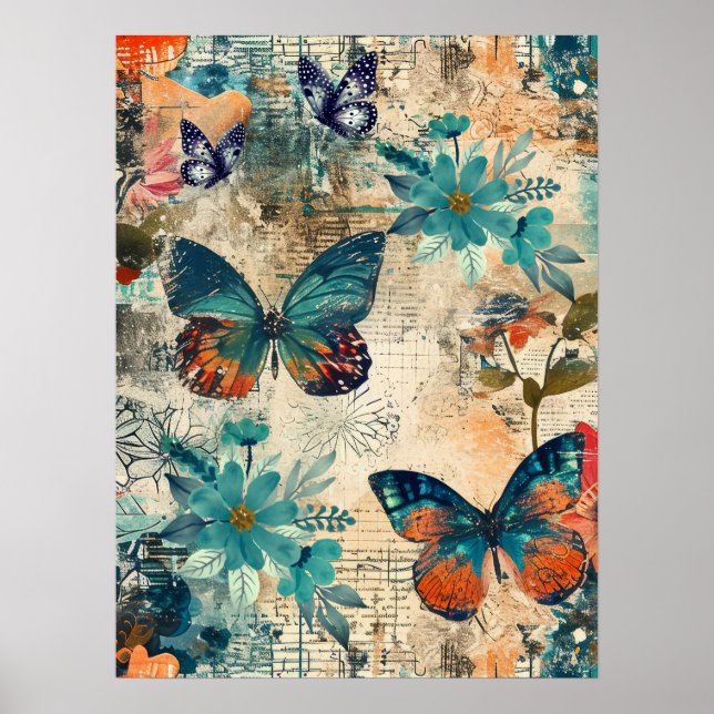 Bold Colourful Boho Floral Butterfly Abstract Art  Poster (Front)