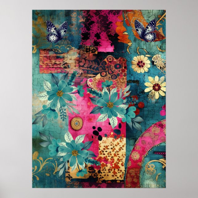 Bold Colourful Boho Floral Butterfly Abstract Art  Poster (Front)