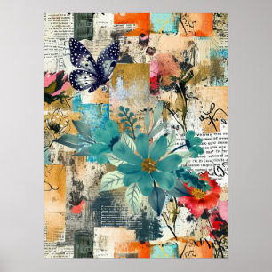 Bold Colourful Boho Floral Butterfly Abstract Art  Poster