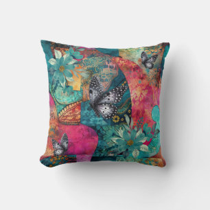 Bold Colourful Boho Floral Patchwork Pattern Cushion