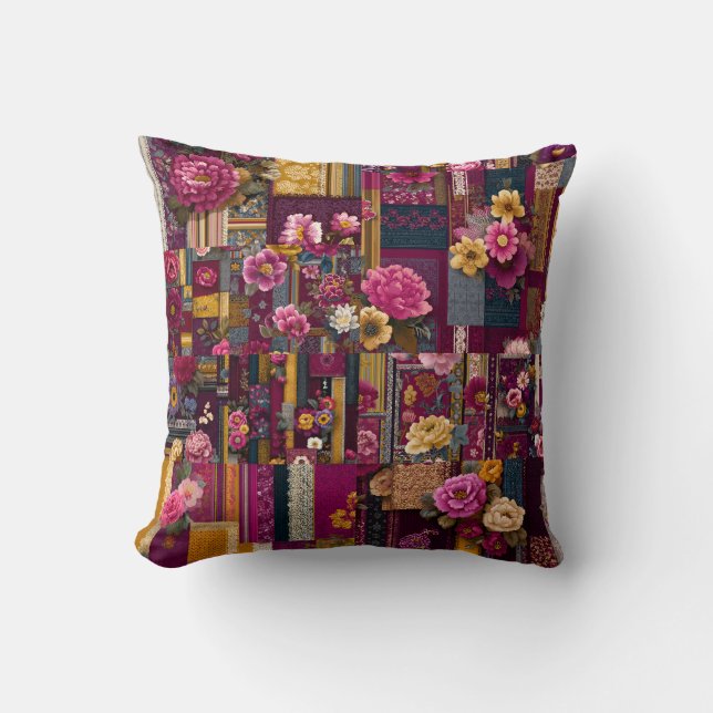 Bold Colourful Boho Floral Patchwork Pattern Cushion (Front)