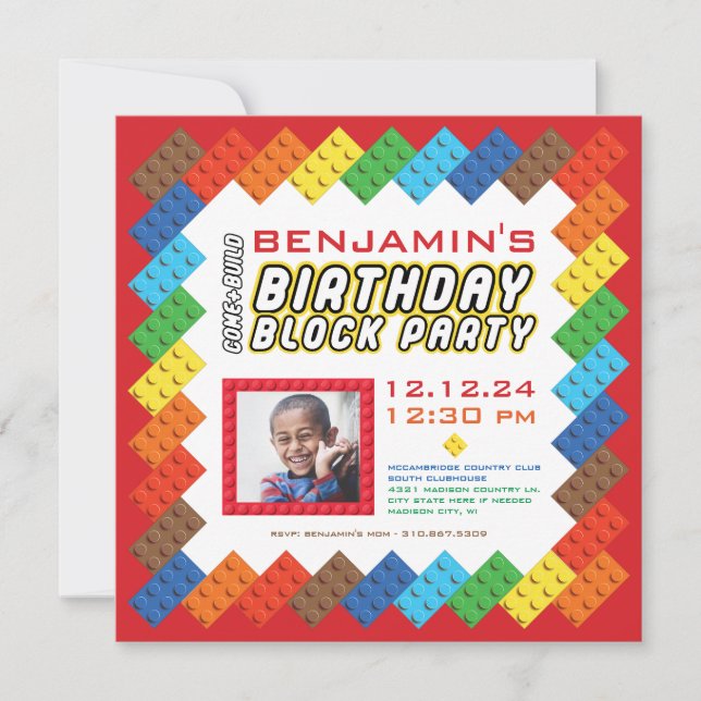 Bold Colourful Bricks Building Blocks Birthday Invitation (Front)
