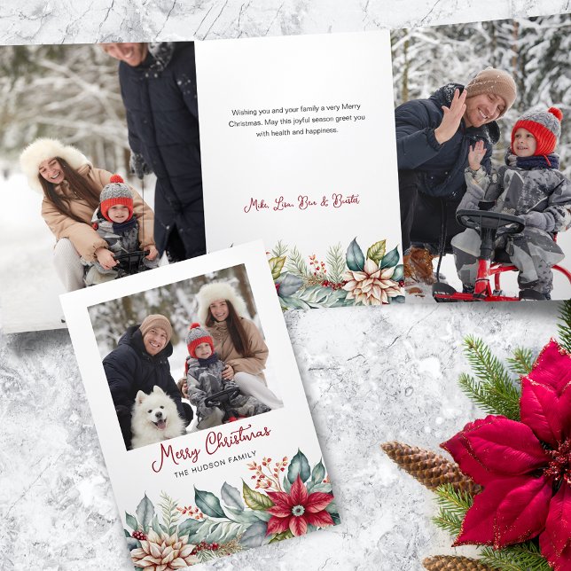 Bold Colourful Christmas Poinsettias Family Photo Tri-Fold Card (Creator Uploaded)