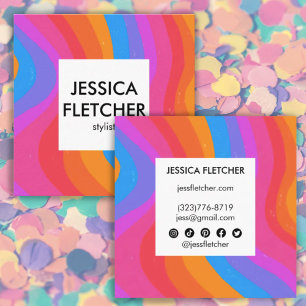 Bold Colourful Curves with Social Icons Minimalist Square Business Card