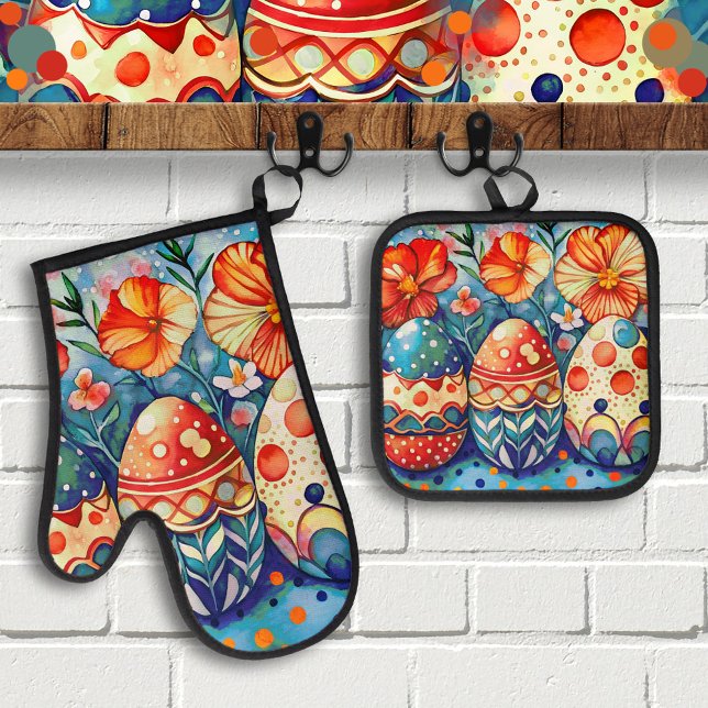 Bold Colourful Eggs and Flowers  Oven Mitt & Pot Holder Set (Oven mitt and pot holder set featuring a watercolor illustration of colorful eggs and flowers)