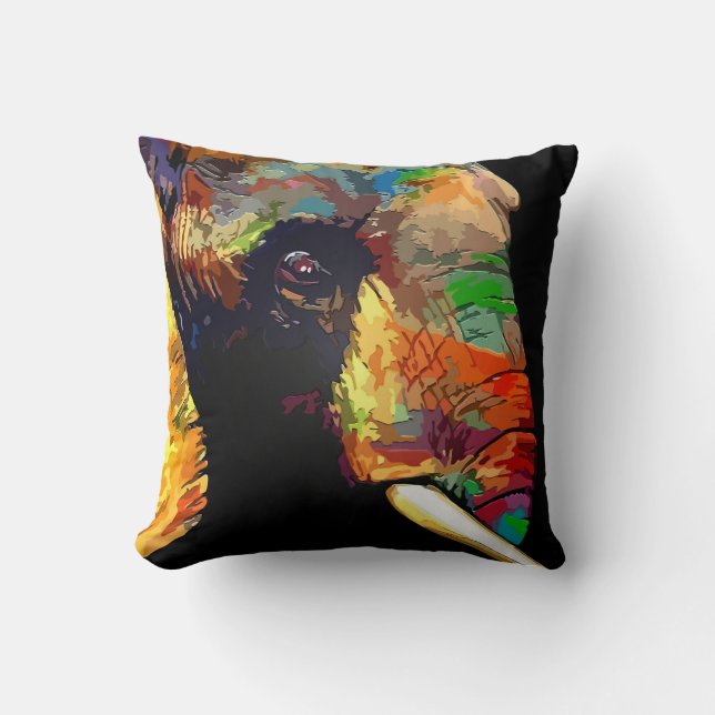 Bold Colourful Elephant Head Portrait Cushion (Front)