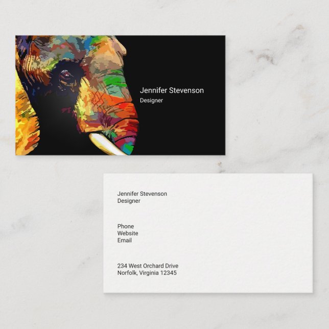 Bold Colourful Elephant Head Portrait Drawing Business Card (Front/Back)