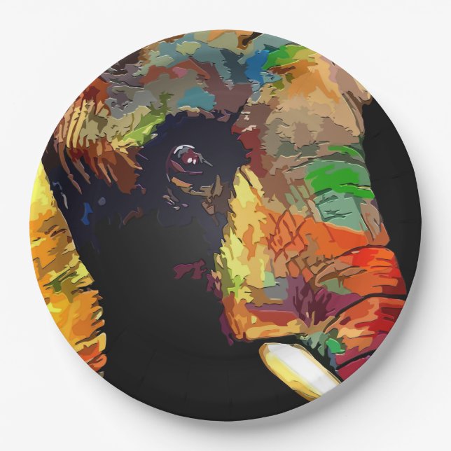 Bold Colourful Elephant Head Portrait Paper Plate (Front)