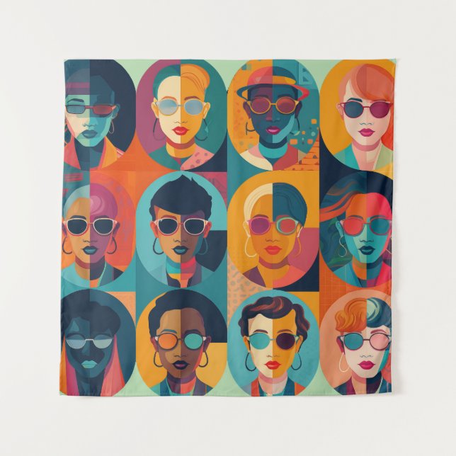Bold, colourful faces celebrating individuality tapestry (Front)
