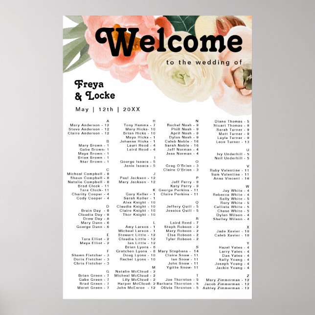Bold Colourful Floral | Alphabetical Seating Poste Poster (Front)
