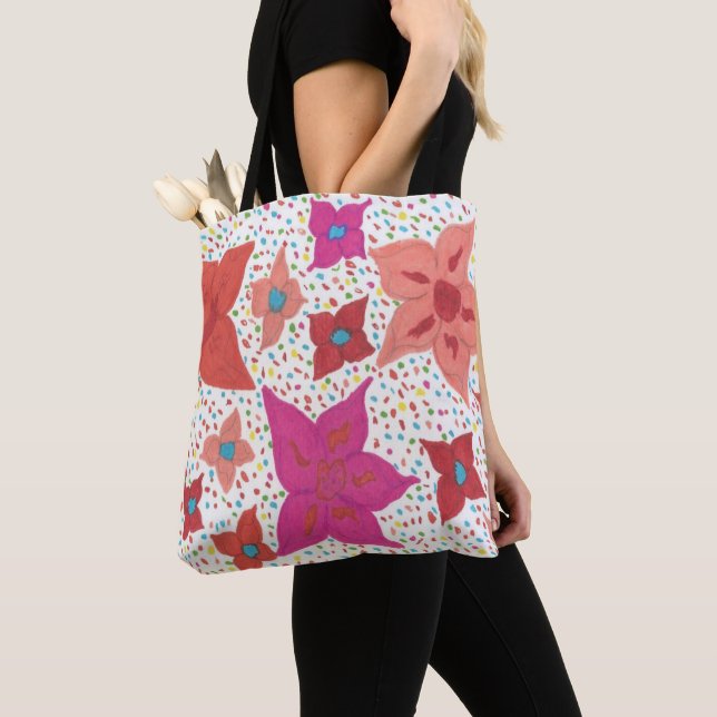 Bold Colourful Floral and Polka Dot Print Tote Bag (Close Up)