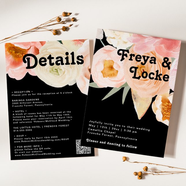 Bold Colourful Floral | Black All In One Wedding Invitation (Creator Uploaded)