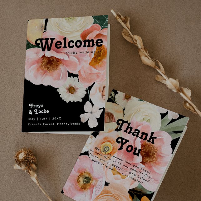 Bold Colourful Floral | Black Folded Wedding Programme (Creator Uploaded)