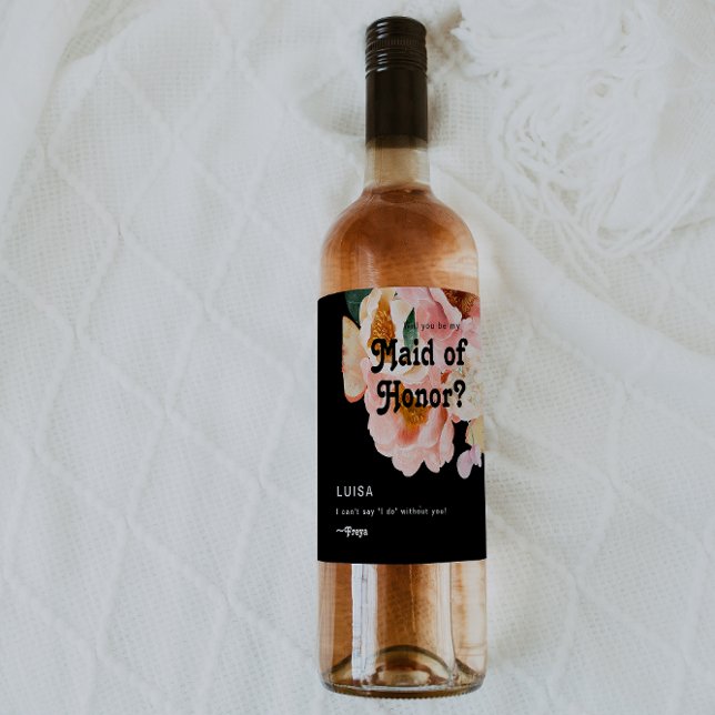 Bold Colourful Floral Black Maid Of Honour Proposa Wine Label (Creator Uploaded)