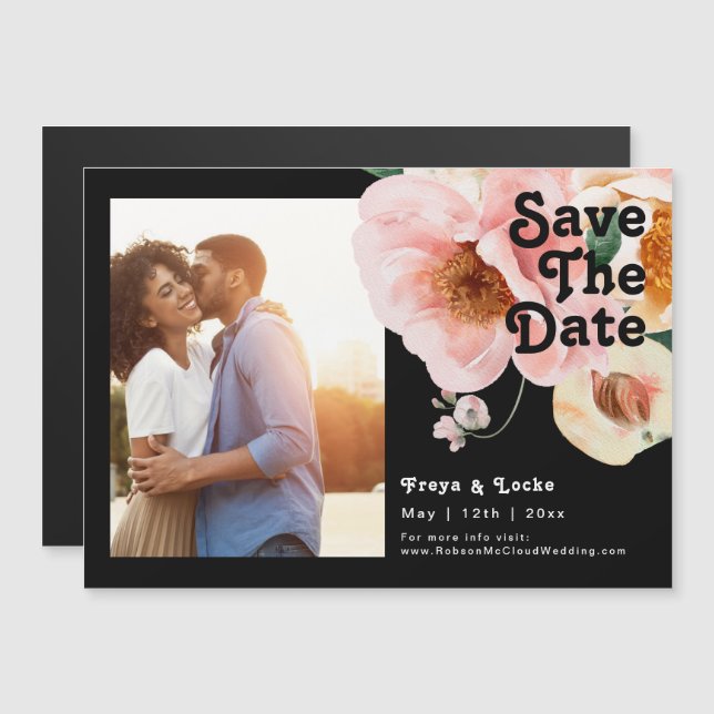Bold Colourful Floral | Black Save The Date Magnetic Invitation (Front/Back)