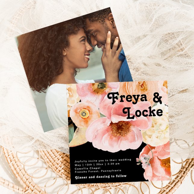 Bold Colourful Floral | Black Square Photo Wedding Invitation (Creator Uploaded)