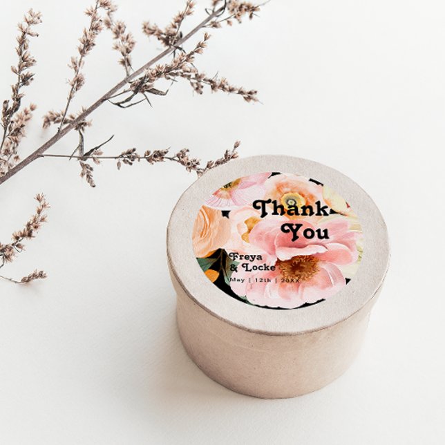 Bold Colourful Floral Black Thank You Wedding Favo Classic Round Sticker (Creator Uploaded)