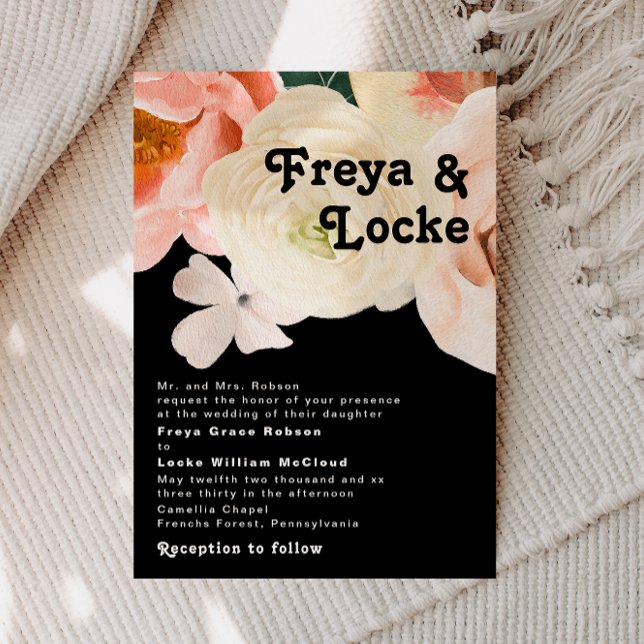 Bold Colourful Floral | Black Traditional Wedding Invitation (Creator Uploaded)