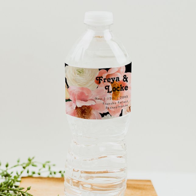 Bold Colourful Floral | Black Water Bottle Label (Creator Uploaded)
