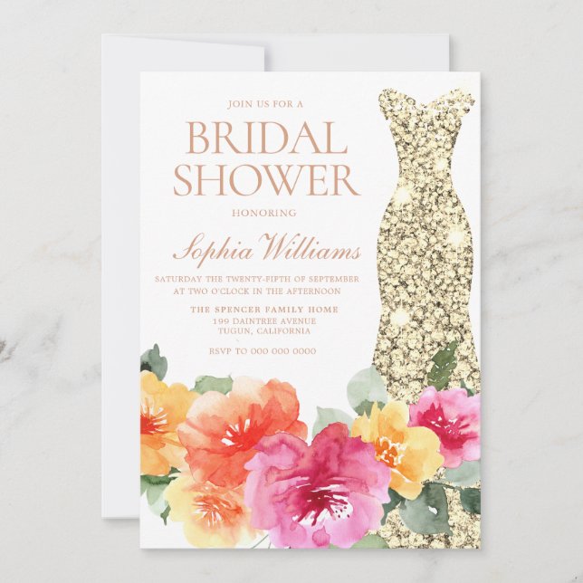 Bold Colourful Floral Gold Dress Bridal Shower Invitation (Front)