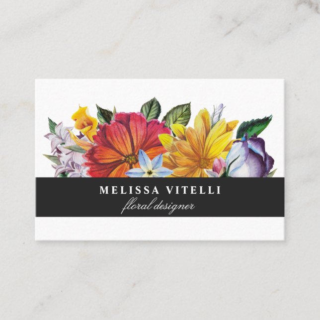 Bold Colourful Floral on White Business Card (Front)