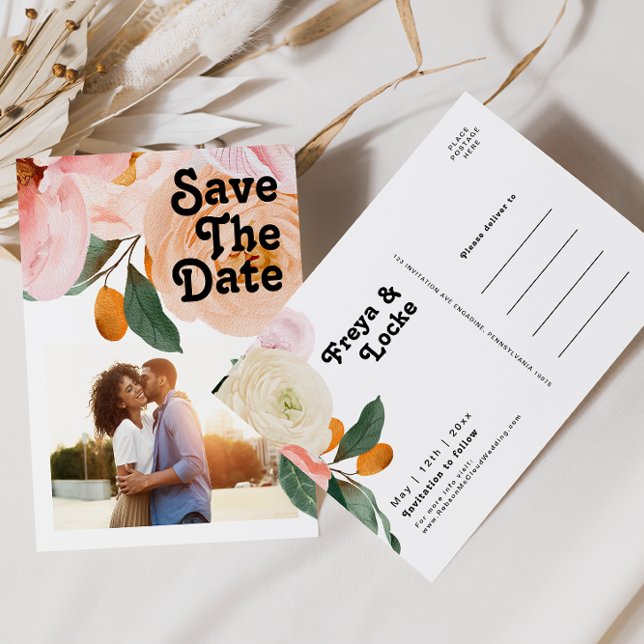 Bold Colourful Floral | Photo Save The Date Invitation Postcard (Creator Uploaded)