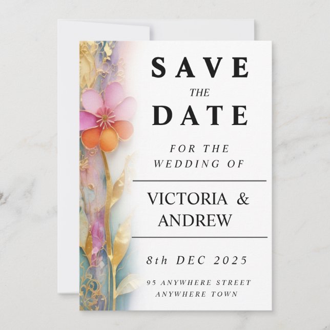 Bold Colourful Floral Save The Date Card (Front)