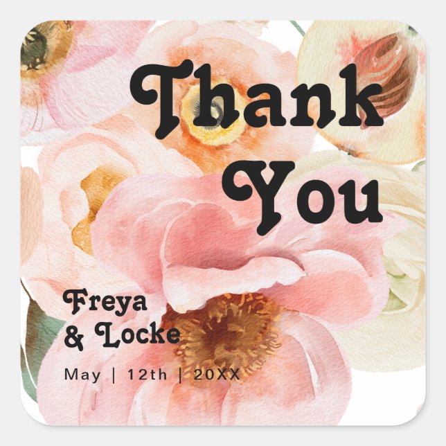 Bold Colourful Floral | Thank You Wedding Favour Square Sticker (Front)
