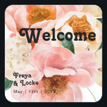 Bold Colourful Floral | Wedding Welcome Square Sticker<br><div class="desc">This bold colourful floral | wedding welcome square sticker will go wonderfully with your bright modern botanical --. The large watercolor blush pink, burnt orange, dusty rose flowers, and glimpses of peaches or apricot within the greenery give this design a vibrant, elegant boho garden feel. The unique design has a...</div>