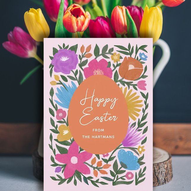 Bold Colourful Florals Stylish Easter | Orange Egg Holiday Card (Creator Uploaded)
