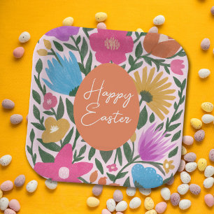 Bold Colourful Florals Stylish Easter   Orange Egg Paper Plate