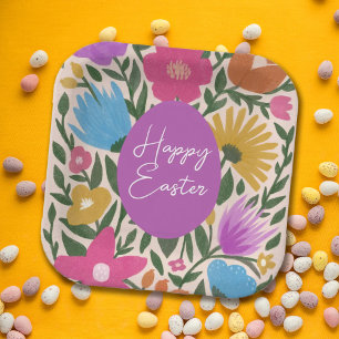 Bold Colourful Florals Stylish Easter   Orange Egg Paper Plate