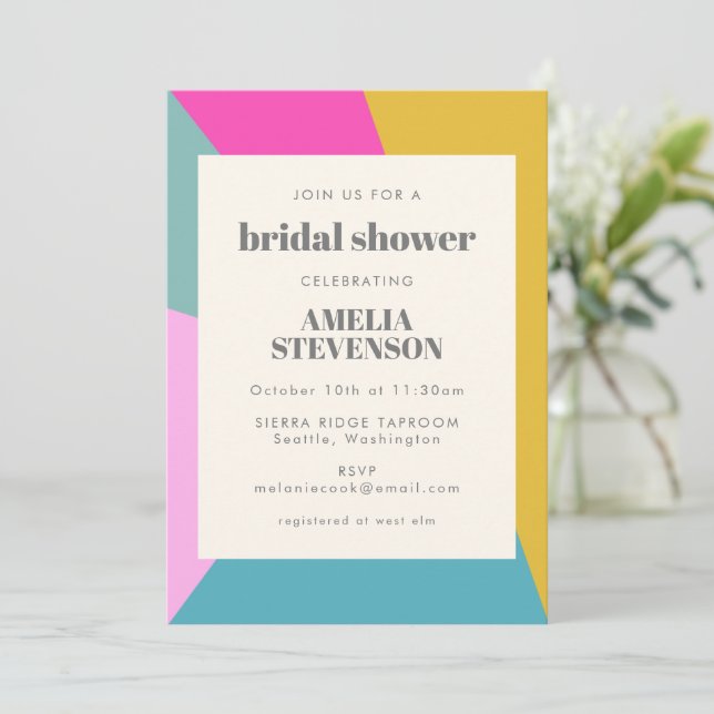 Bold Colourful Geometric Unique Bridal Shower Invitation (Standing Front)