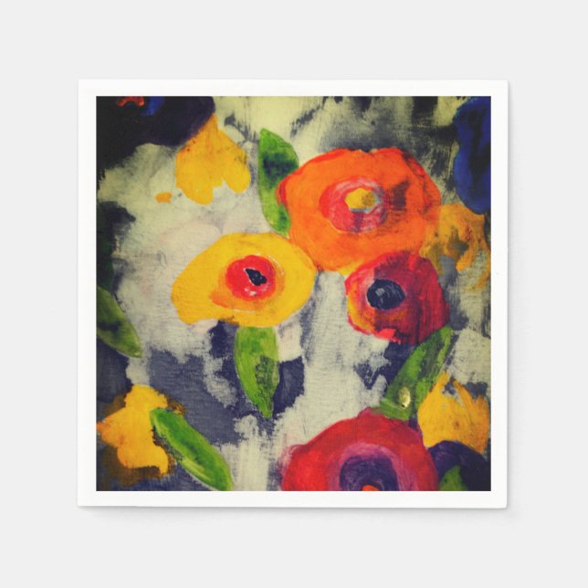 Bold Colourful Modern Night Flowers Paper Napkins (Front)