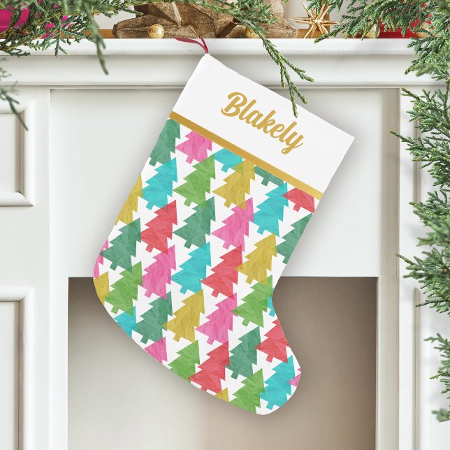 Bold Colourful Paper Trees Personalised Small Christmas Stocking (Creator Uploaded)