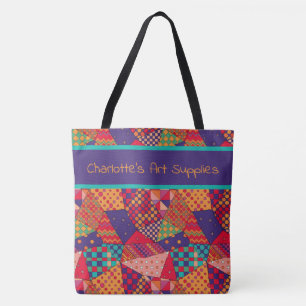 Bold colourful pattern, personalised art supplies tote bag